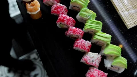 Close-up of Assorted Sushi on Plate Stock Footage 288578549