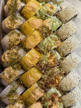 A close-up of assorted sushi rolls presented in parallel rows Stock Photos