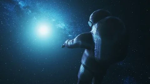 Close-up astronaut in outer space. Cosmos research at far sun light. Solar disk Illustration