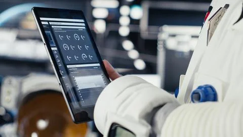 Close up of astronaut using tablet to check logs after completing Mars mission Stock Photos