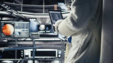 Close up of astronaut using tablet to check logs after completing Mars mission Stock Photos