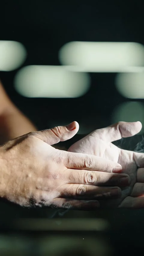 Close-up athlete hands clapping chalk in a dimly lit gym, capturing drifting 库存影片 329555679