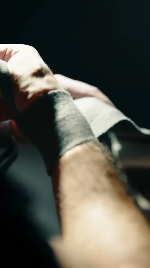 Close-up of an athlete meticulously wrapping athletic tape around a wrist Stock Footage 329556392