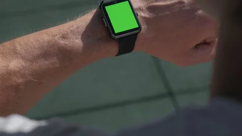 Close up of an Athletic mans hands with smartwatch green screen chroma key. Stock Footage 94916934