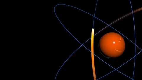 Close up atom - blue and orange atomic particle with electrons rotating Video stock 104366497