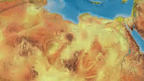 Close-up of atopographic map centered on Libya Stock Illustration