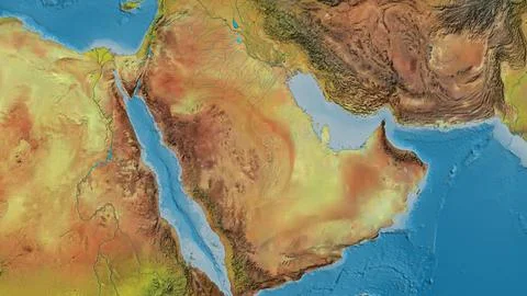 Close-up of atopographic map centered on Saudi Arabia Stock Illustration