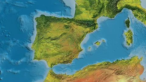 Close-up of atopographic map centered on Spain 库存插图