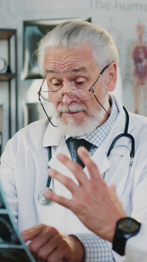 Close up of attractive qualified successful 70-aged bearded medic which explaini Stock Footage 330538615