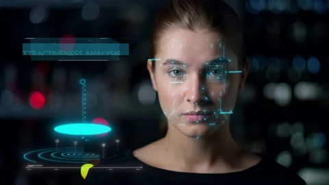 Close up attractiveness analysis face scan process researching woman biometrics 動画素材 167945062