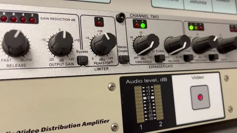 Close-up of audio and video distribution on professional dashboard Stock Footage 268435906