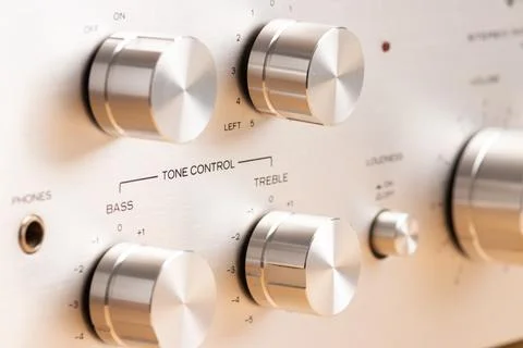 Close-Up of Audio Equipment Control Panel with Metal Knobs and Labels Stock Photos