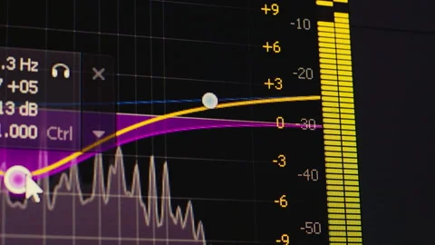 Close-up of audio mixing software interface with sound waveforms Stock Footage 328282682