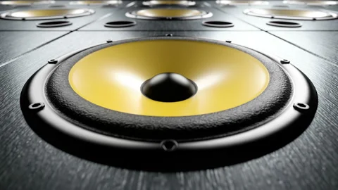 Close-up of audio speaker with yellow membrane playing rhythmic music loop 動画素材 122065357