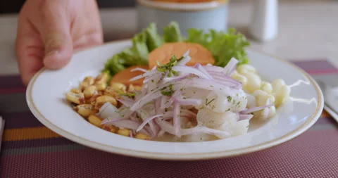 Close-Up of Authentic Peruvian Ceviche – High-Definition Culinary Footage Stock Footage 290999844