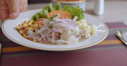 Close-Up of Authentic Peruvian Ceviche – High-Definition Culinary Footage Stock Footage 290999874