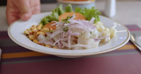 Close-Up of Authentic Peruvian Ceviche – High-Definition Culinary Footage Stock Footage 290999883