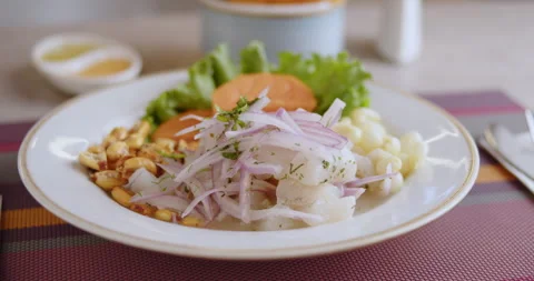 Close-Up of Authentic Peruvian Ceviche – High-Definition Culinary Footage Stock Footage 290999904