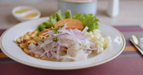 Close-Up of Authentic Peruvian Ceviche – High-Definition Culinary Footage Stock Footage 290999954