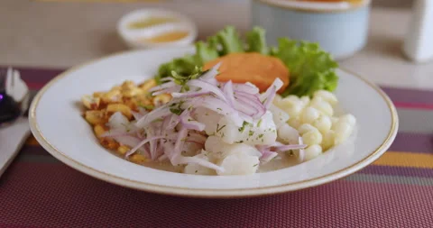 Close-Up of Authentic Peruvian Ceviche – High-Definition Culinary Footage Stock Footage 291000040