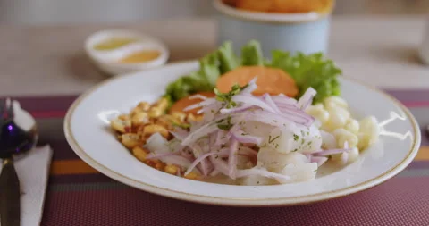 Close-Up of Authentic Peruvian Ceviche – High-Definition Culinary Footage Stock Footage 291000052