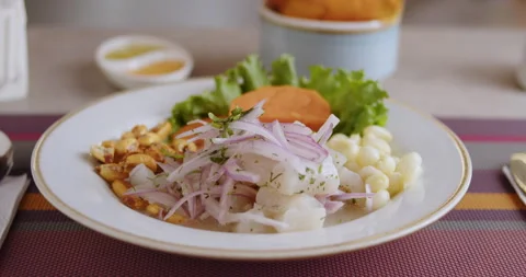 Close-Up of Authentic Peruvian Ceviche – High-Definition Culinary Footage Stock Footage 291000119