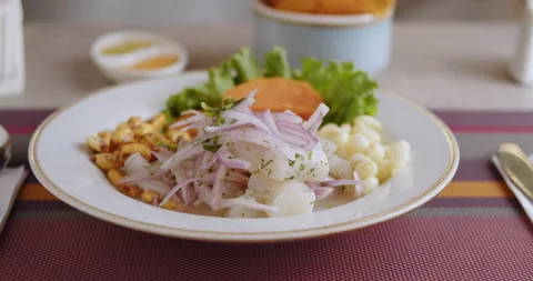 Close-Up of Authentic Peruvian Ceviche – High-Definition Culinary Footage Stock Footage 291000127