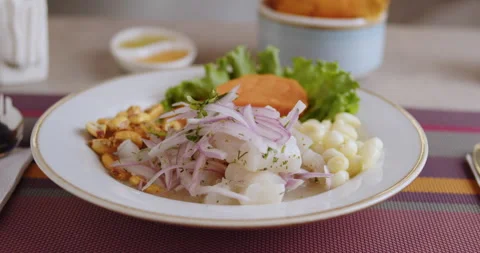 Close-Up of Authentic Peruvian Ceviche – High-Definition Culinary Footage Stock Footage 291000132