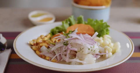 Close-Up of Authentic Peruvian Ceviche – High-Definition Culinary Footage Stock Footage 291000145