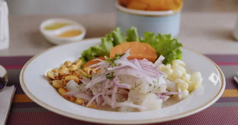Close-Up of Authentic Peruvian Ceviche – High-Definition Culinary Footage Stock Footage 291000205