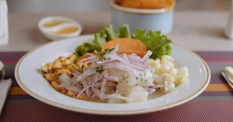 Close-Up of Authentic Peruvian Ceviche – High-Definition Culinary Footage Stock Photos