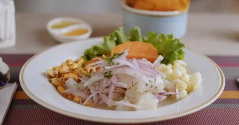 Close-Up of Authentic Peruvian Ceviche – High-Definition Culinary Footage Stock Photos