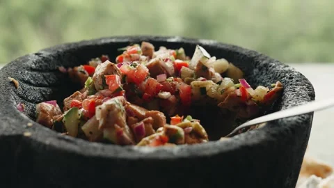 Close up of authentic peruvian ceviche made with fresh fish, tomato, onion Video stock 342271696