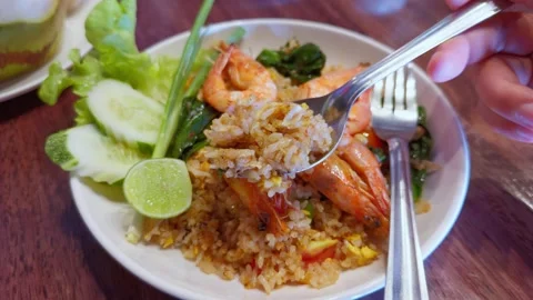 Close-up of Authentic Thai Shrimp Fried Rice Stock Footage 335520473