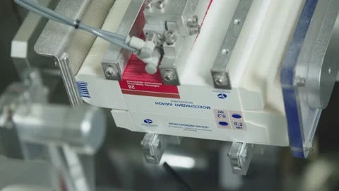 Close-up of automated mechanical equipment is taking each carton box separately Stock Footage 200856826
