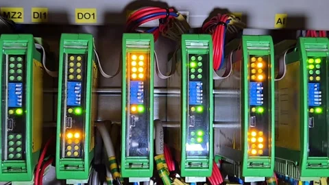 Close-up of automated modular control system in a smart factory. Green and orang Video stock 330595249