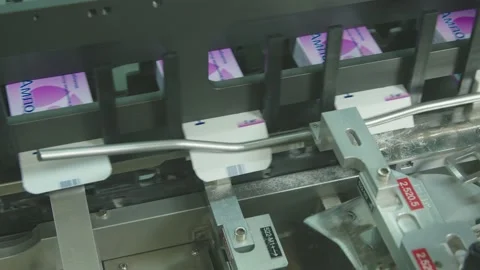 Close-up of automated pharmaceutical machinery packing the medicine boxes. drug Stock Footage 200856865