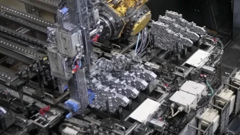 Close-up of an automated robotic gripper system lifting a batch of Vídeo Stock 332917751