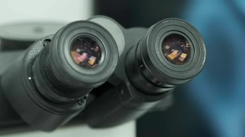 Close-up of an automated scientific laboratory microscope. Видео 269348535