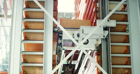 Close up of automated storage and retrieval system in industrial warehouse Stockbeeldmateriaal 329674124