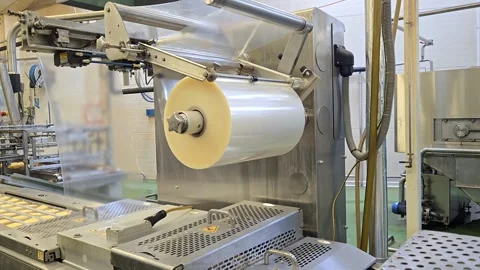 Close-up of automated vacuum packaging machine with plastic film roll at food pr Stock-Footage 331208704