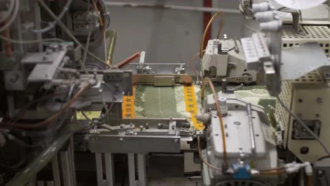 Close up at the automatic attachment loom at the fabric and garment factory Stock Footage 150702207