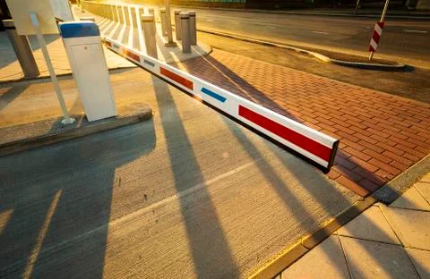 Close up of automatic boom barrier gate entrance Foto stock