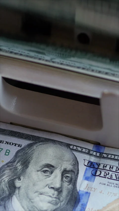 Close-Up Of Automatic Cash Counting Machine For 100 Dollar Bills. Machine Counti Stock Footage 276179721