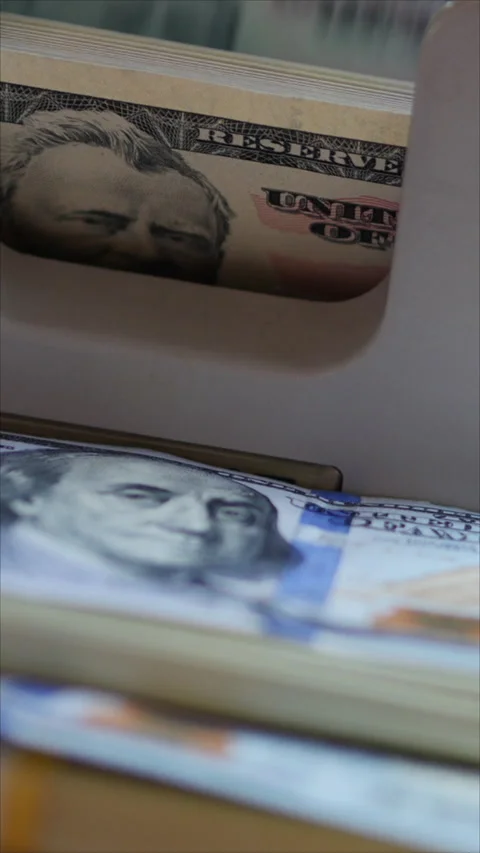 Close-Up Of Automatic Cash Counting Machine For 100 And 50 Dollar Bills. Machine Stock Footage 284840683