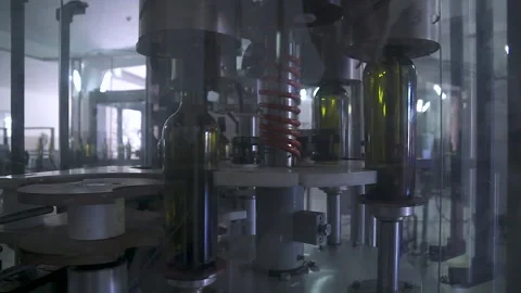 Close-up. Automatic conveyor with moving bottles with wine on the belt. Stock Footage 155461767