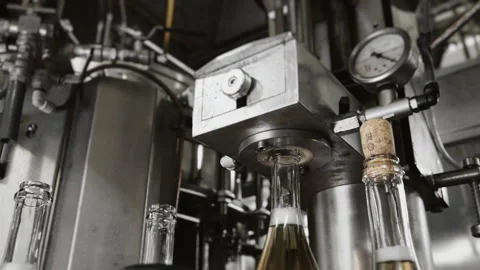 Close-up of the automatic cork insertion process on champagne bottles. Stock Footage 288411071