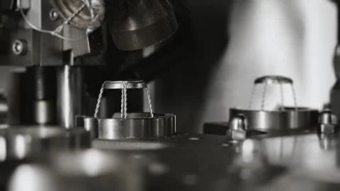 Close-up of the automatic cork insertion process on champagne bottles. Stock Footage 288411316