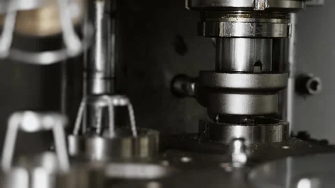 Close-up of the automatic cork insertion process on champagne bottles. Stock Footage 288549333