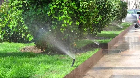 Close-up of an automatic lawn watering system on a street in the city. Stock Footage 237601340